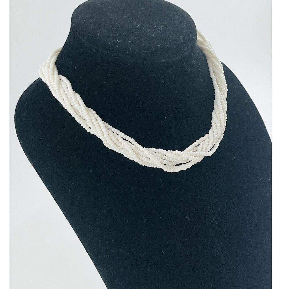 Vintage Trifari White Milk Glass Seed Bead Multi Strand Necklace Choker Statemen